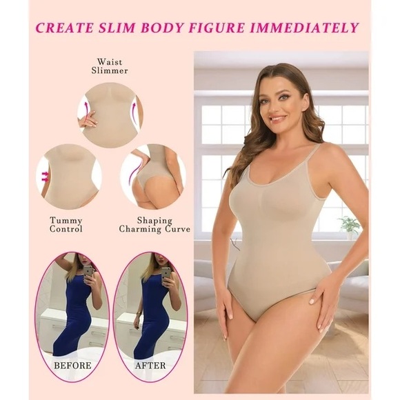 Shapewear Tummy Control Seamless V-Neck Body Shaper Bodysuit in Skin Neutral Tan - Picture 4 of 7